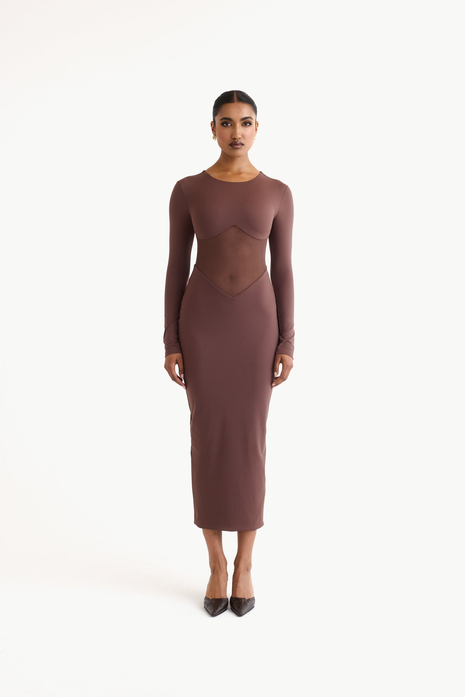 CONTOUR MESH PANEL MIDI DRESS