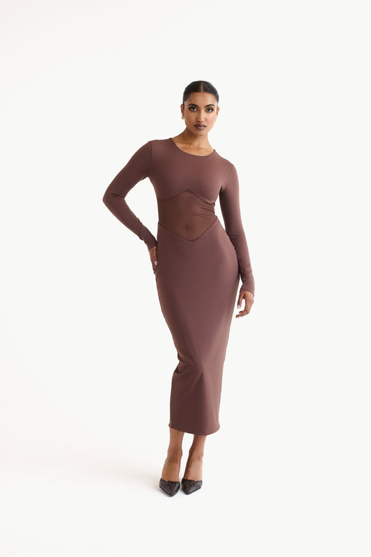 CONTOUR MESH PANEL MIDI DRESS