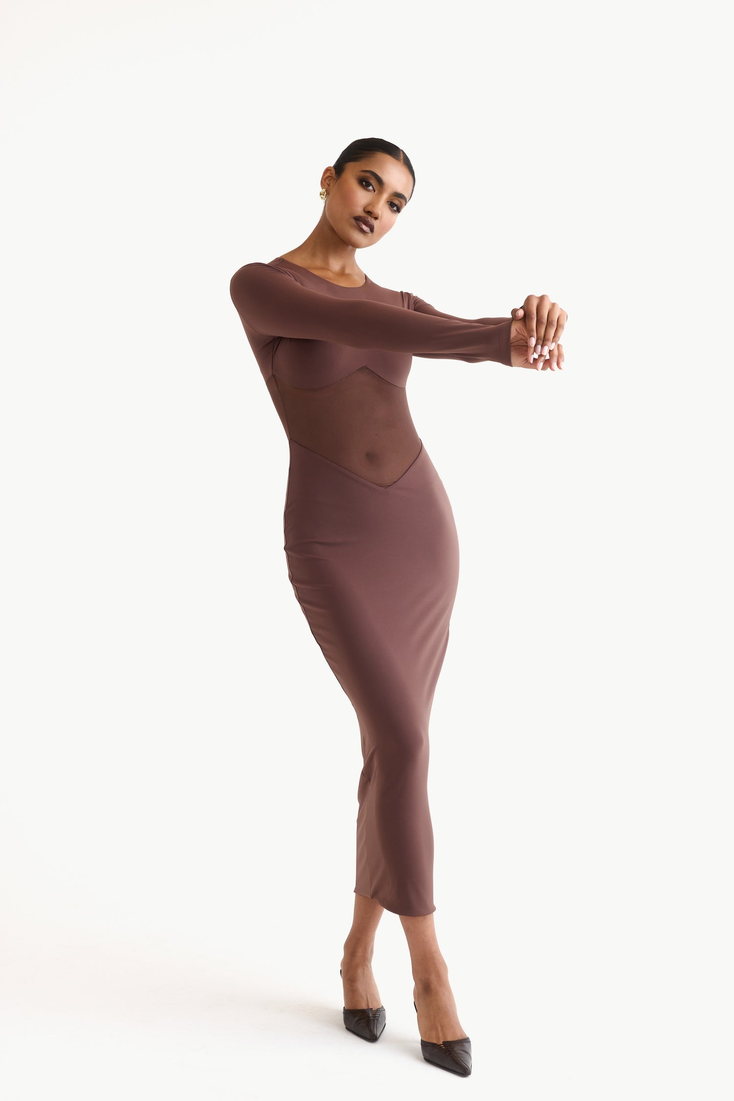 CONTOUR MESH PANEL MIDI DRESS BRNZ CONTOUR MESH PANEL MIDI DRESS BRNZ