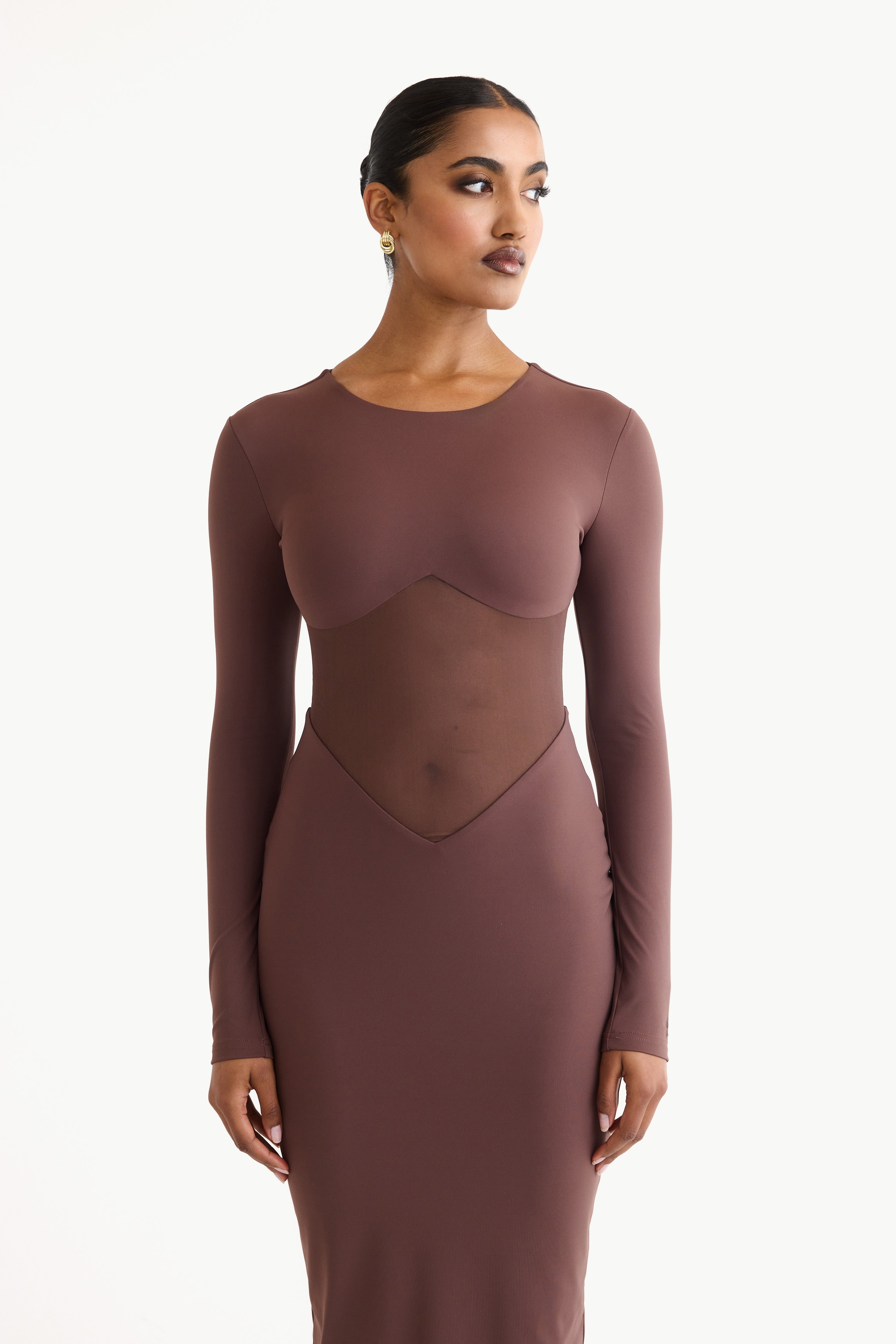 CONTOUR MESH PANEL MIDI DRESS